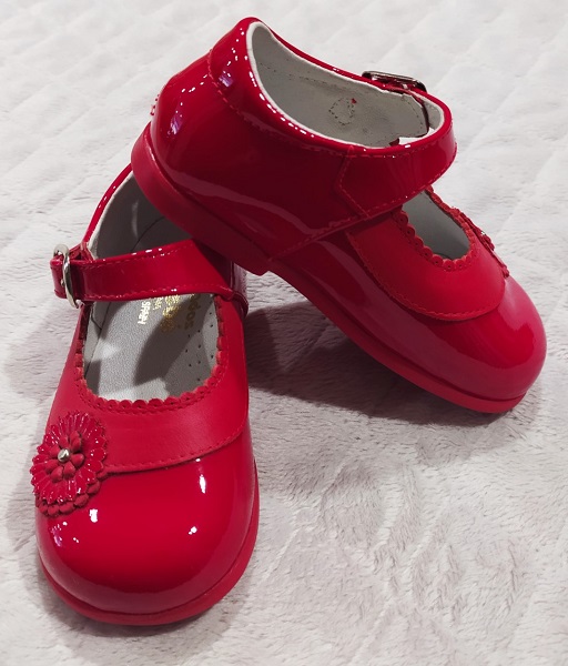 Zapato piel combinada charol rojo con flor