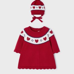 Vestido bebe tricot rojo con gorro