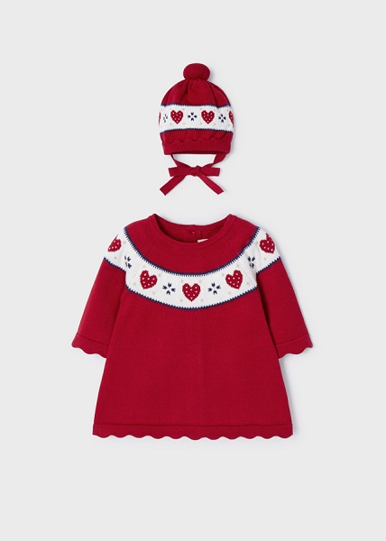 Vestido bebe tricot rojo con gorro