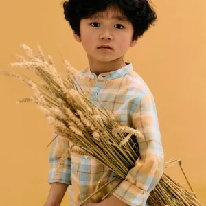 Camisa cuadros amarillo y verde agua para niño